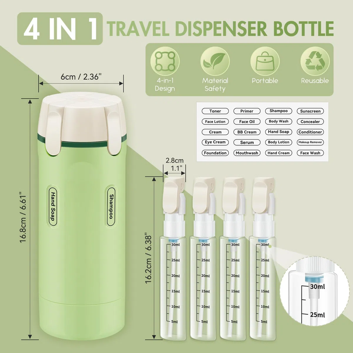 4-in-1-Reisespender, nachfüllbare Reiseflaschen für Toilettenartikel, auslaufsicher, tragbar, mit Skala und Etikett, für Shampoo, Conditioner, Lotion, Creme, Geschäftsflüge, Reisen, Fitnessstudio