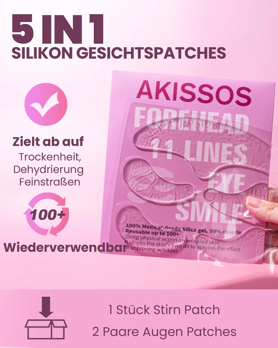 Silikonpflaster Gegen Falten - Akissos 5PCS Super Hydratation Zornesfalte Pflaster,Face Tape,Silikon Falten Pflaster Gesicht für Gesicht|Stirnfalten|Augen,Straffung über Nacht,Nach der Skincare