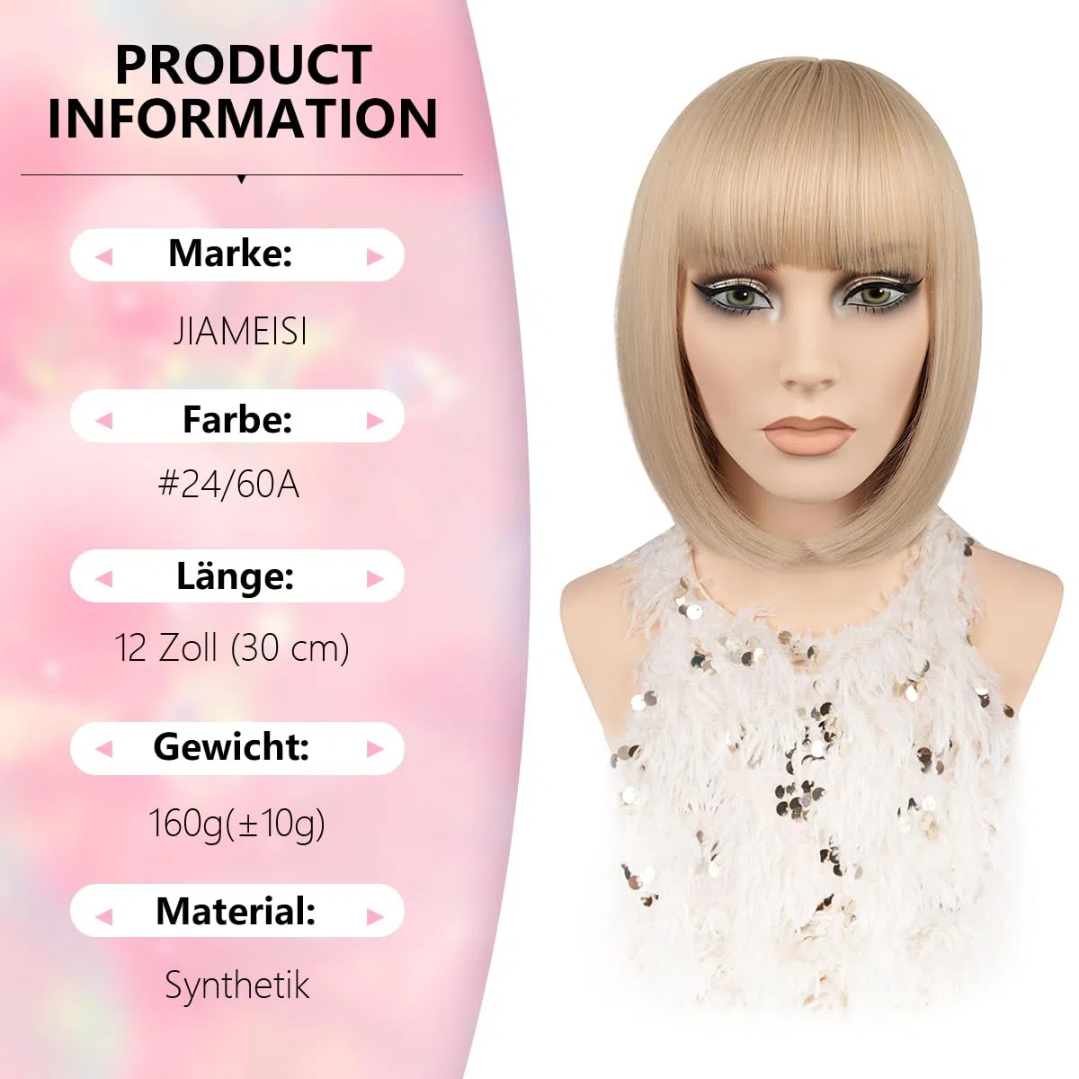 JIAMEISI Blonde Kurze Bob Perücke mit Pony 30cm Synthetische Faser Glattes Blonde Perücke für Damen Natürlich Aussehend Cosplay-Partys Weihnachten Halloween tägliche Nutzung (#24/60)