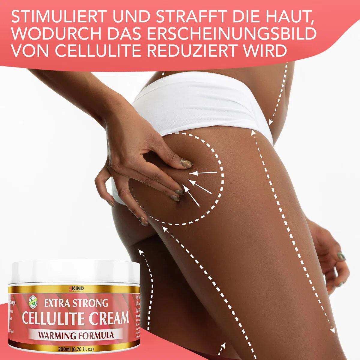 5Kind Extra Stark Anti-Cellulite Creme 200 ml – Natürliche wärmende Formel gegen Cellulite – Straffende Creme gegen Orangenhaut, effektive Cellulite-Behandlung - Beste hautstraffende