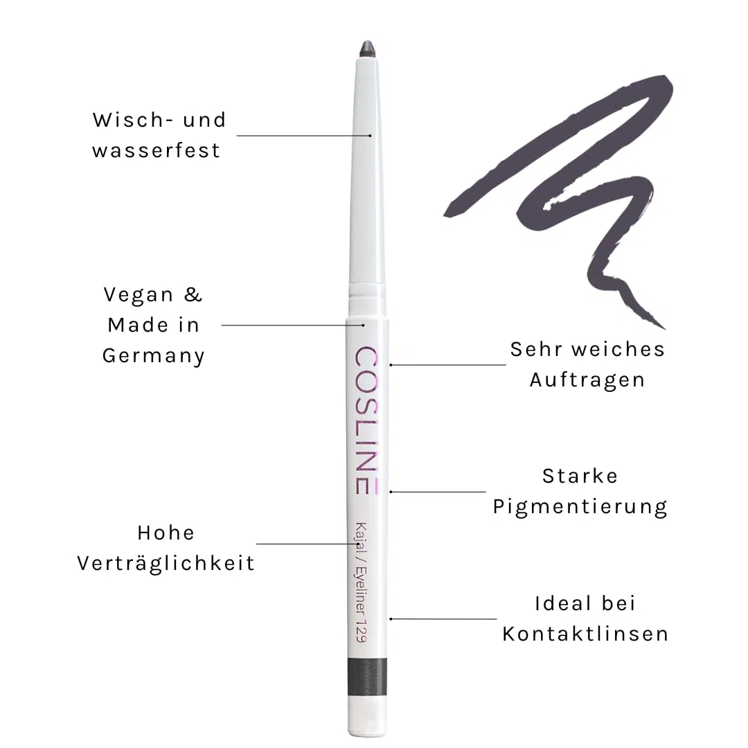 COSLINE Kajal Eyeliner Aubergine 129, Wasserfester Kajal, Dunkler neutraler Lidstrich, Nicht so "hart" wie Schwarz, Weiches Auftragen, Starke Pigmentierung, Vegan, Made in Germany