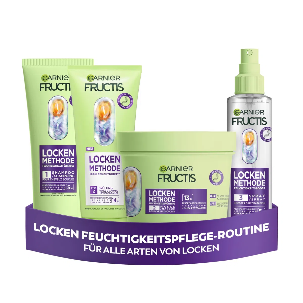 Garnier Feuchtigkeitsauffüllendes Haarpflege-Set für alle Arten von Locken mit Shampoo, Spülung, Haarmaske, Spray, Lockenpflege, mit Hyaluronsäure & Sheabutter, Fructis Lockenmethode, 4-teilig