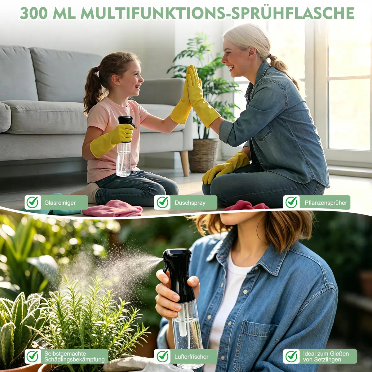3 Pack 300ml Sprühflasche, Ultrafeiner Nebel Spray Bottle, Sprühflaschen für Reinigung, Pflanzen, ätherische Öle, Haarpflege, nachfüllbare leere Sprühflasche mit justierbarer Düse für Spritz
