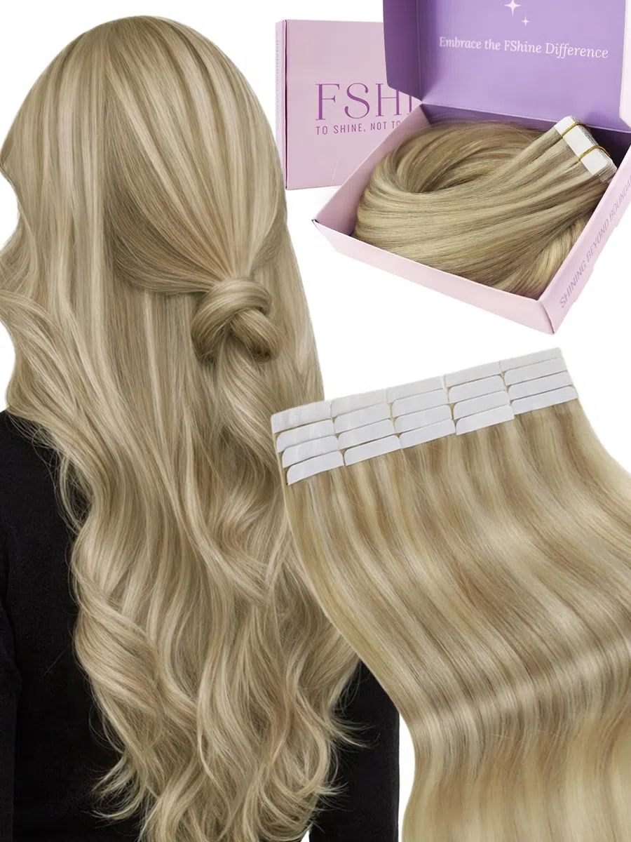 Fshine Tape in Extensions Echthaar 20 Stücke Echthaar Extensions Tape Goldblond mit Mittelblond für Dünnes Haar Klebeband in Haarverlängerung Farbe 16P22 30 cm 30 g