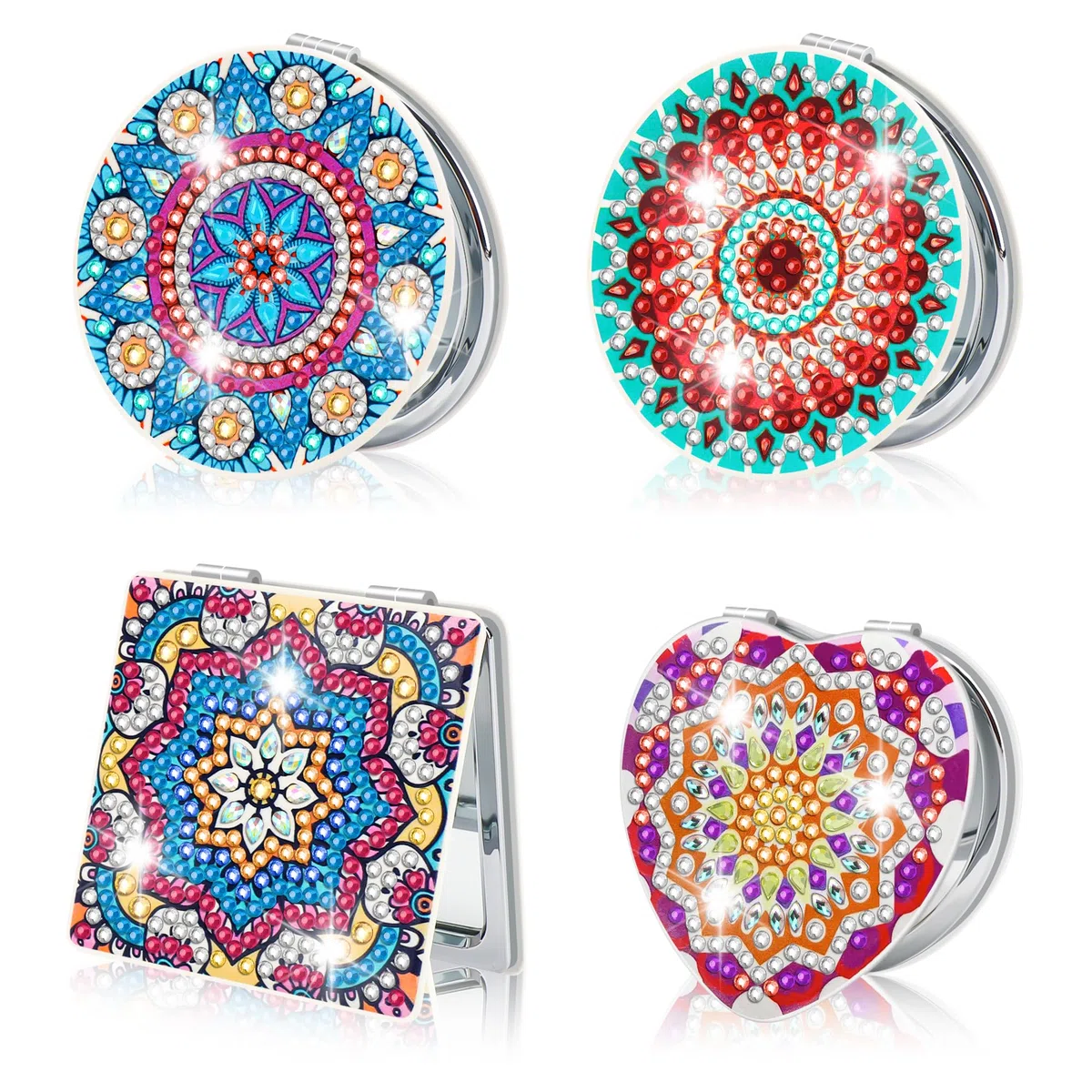 Ghope DIY Diamond Painting Taschenspiegel, 4PCS Diamant Gemälde Kompakte Spiegel Tragbarer Personalisiert Reisespiegel Faltbarer Geldbörsenspiegel für Mädchen und Frauen Geschenke