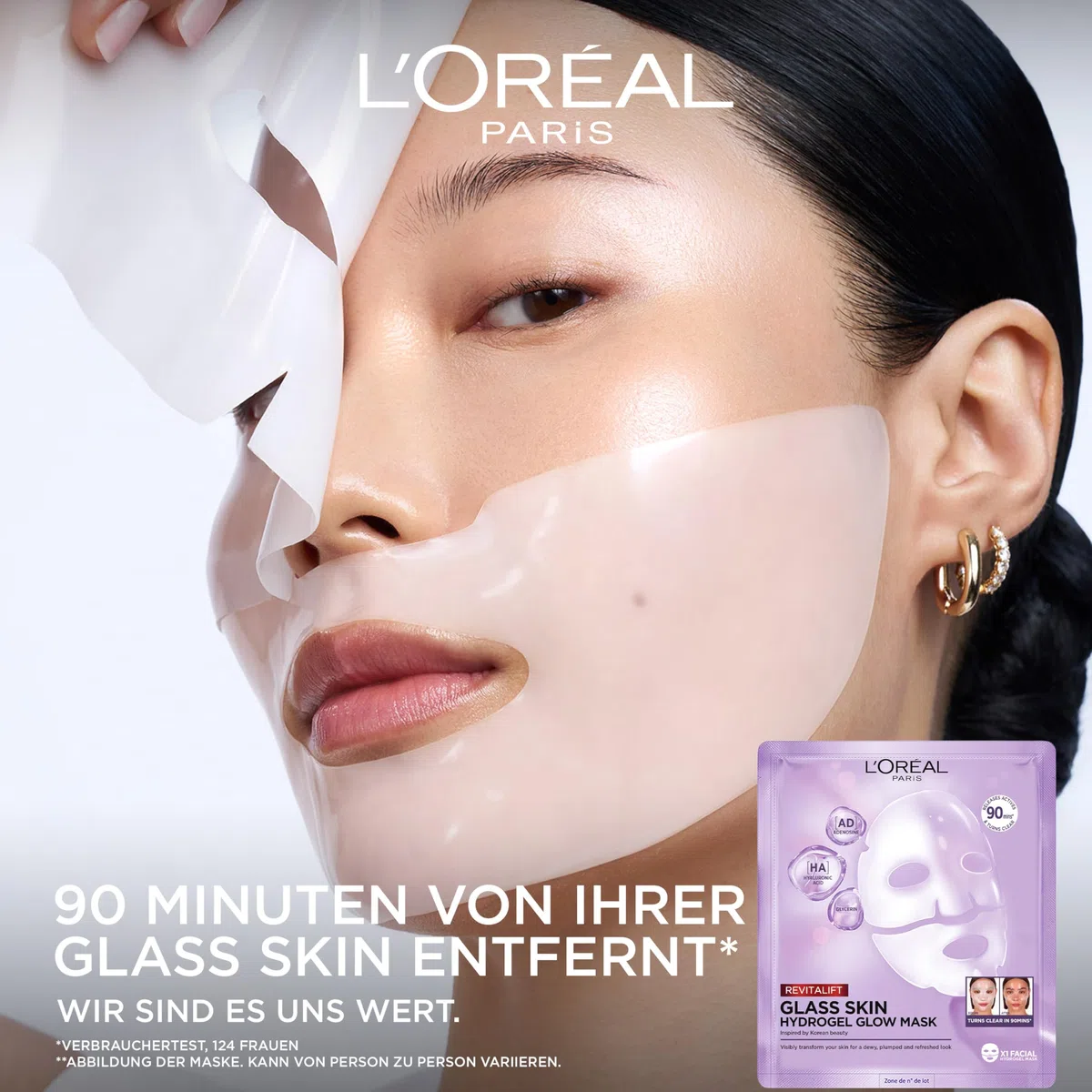 L'Oréal Paris Glass Skin Hydrogel 4er Maskenbox, für aufgepolsterte & glowy Haut, feuchtigkeitsspendend & glättend, [mit Hyaluronsäure], Revitalift Filler, Vorteilsset, 100g