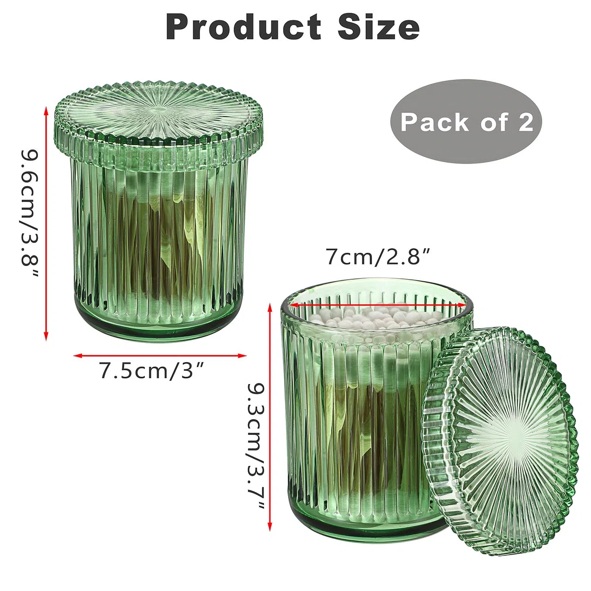 2 Stück Glas Wattestäbchen Behälter Wattepads Box mit Deckel Rund Wattepadspender Grün Aufbewahrungsbehälter für Badezimmer, Schlafzimmer, Waschbecken, Schminktisch, Waschtisch (sichtbar)