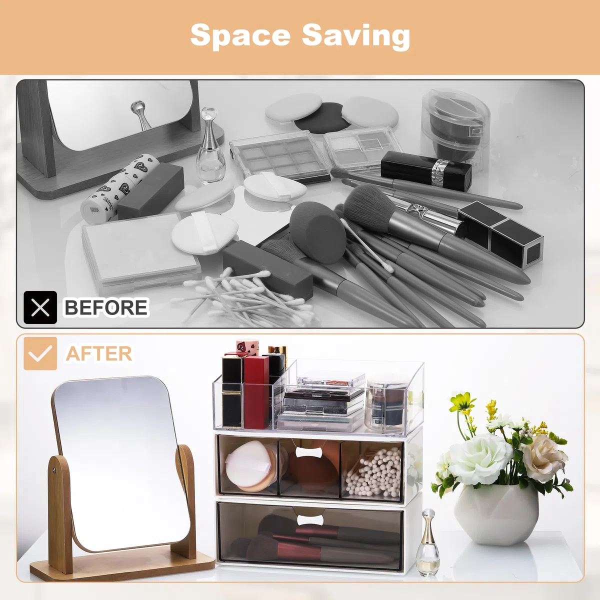 3 Stück Acryl Badezimmer Organizer, Kosmetik Organizer Set, Transparent Bad Schubladen Organizer, Schminktisch Organizer, Make Up Organizer für Kommode Bad (1 Fach+3 Fächer+Lippenstiftfach)