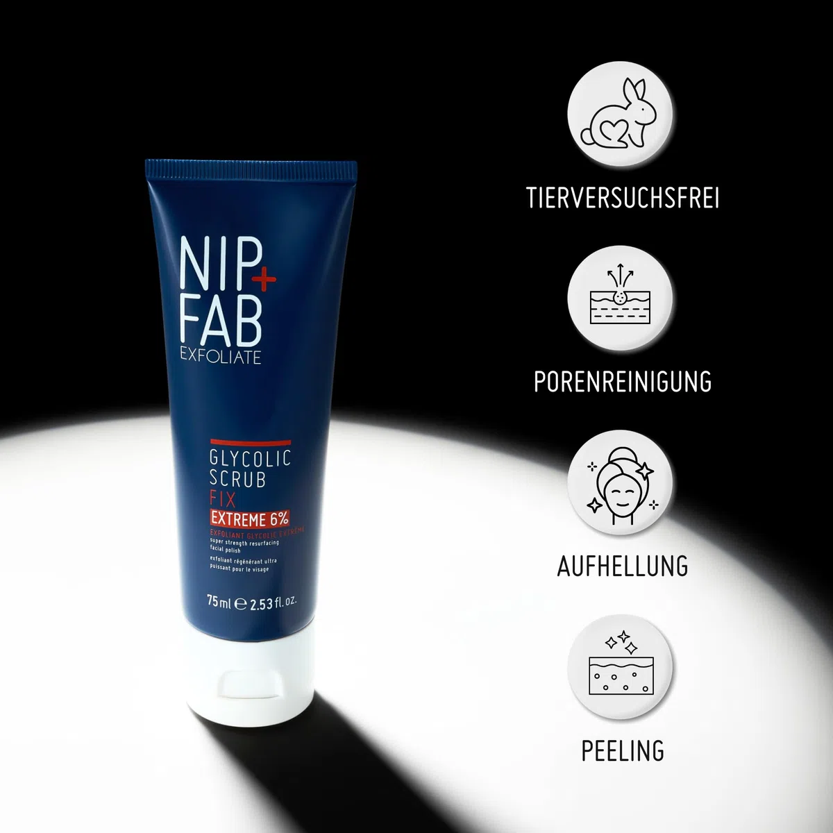 Nip + Fab Glycolic Fix Scrub Extreme – Gesichtspeeling mit 6% Glykolsäure – 3-in-1 AHA/BHA Peeling zur Porenverfeinerung & Hautglättung, 75 ml