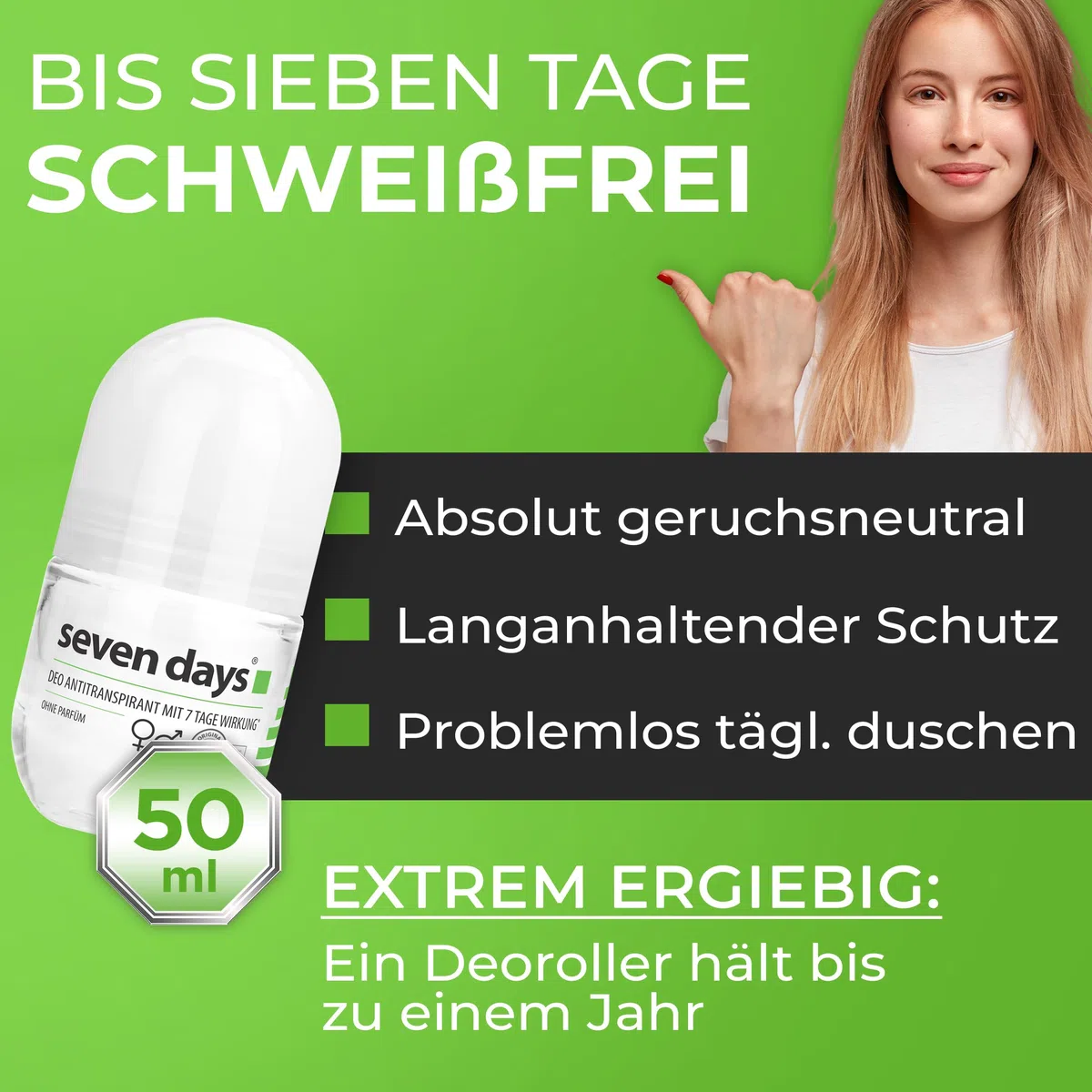 seven days Antitranspirant 50ml, Roll On gegen Schweiß [Langzeitschutz - Bis 7 Tage] Antitranspirant starkes schwitzen, Anti Transpirant Herren & Damen Deo, Mittel gegen Schwitzen, Deoroller