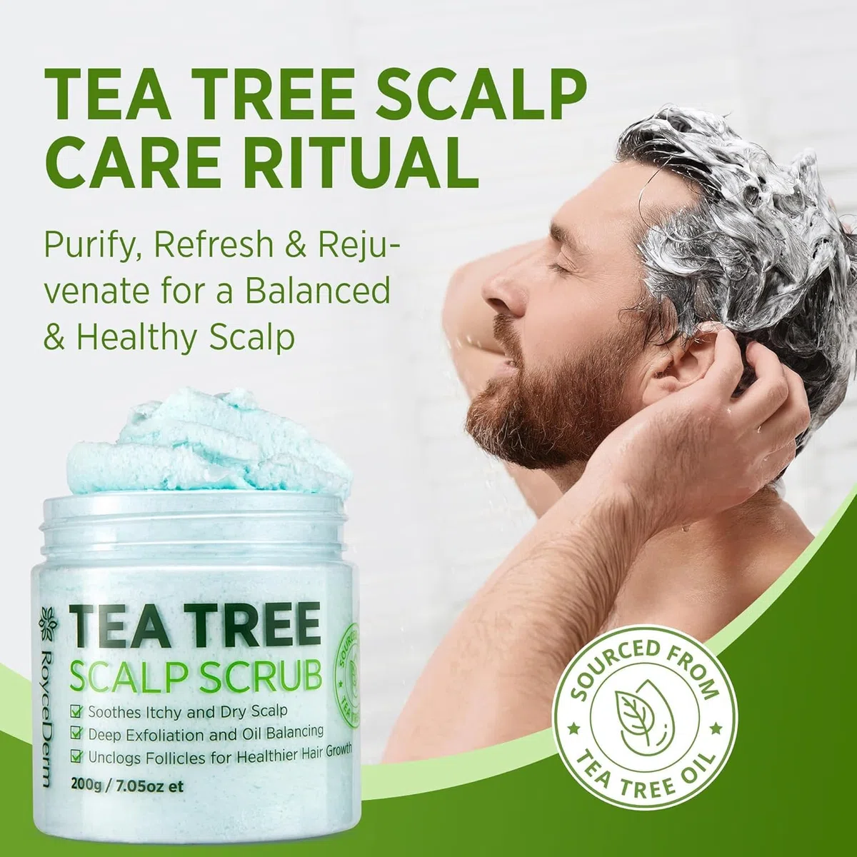 Roycederm Tea Tree Scalp Scrub: Pre Shampoo for Dandruff, Psoriasis & seborrhoische Dermatitis - Sanftes Peeling, lindert Trockenheit, fördertdas