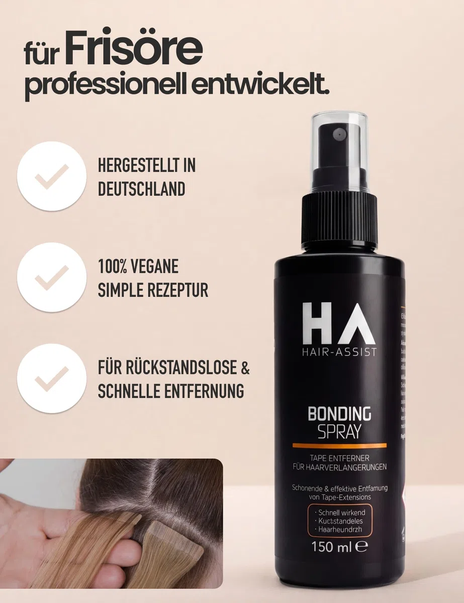 Hair-Assist Bonding Spray – Made in Germany – Tape Extensions Löser & Bondinglöser für Hair Extensions, Lace, Toupet & Perücke | Rückstandslos, schnell wirkend