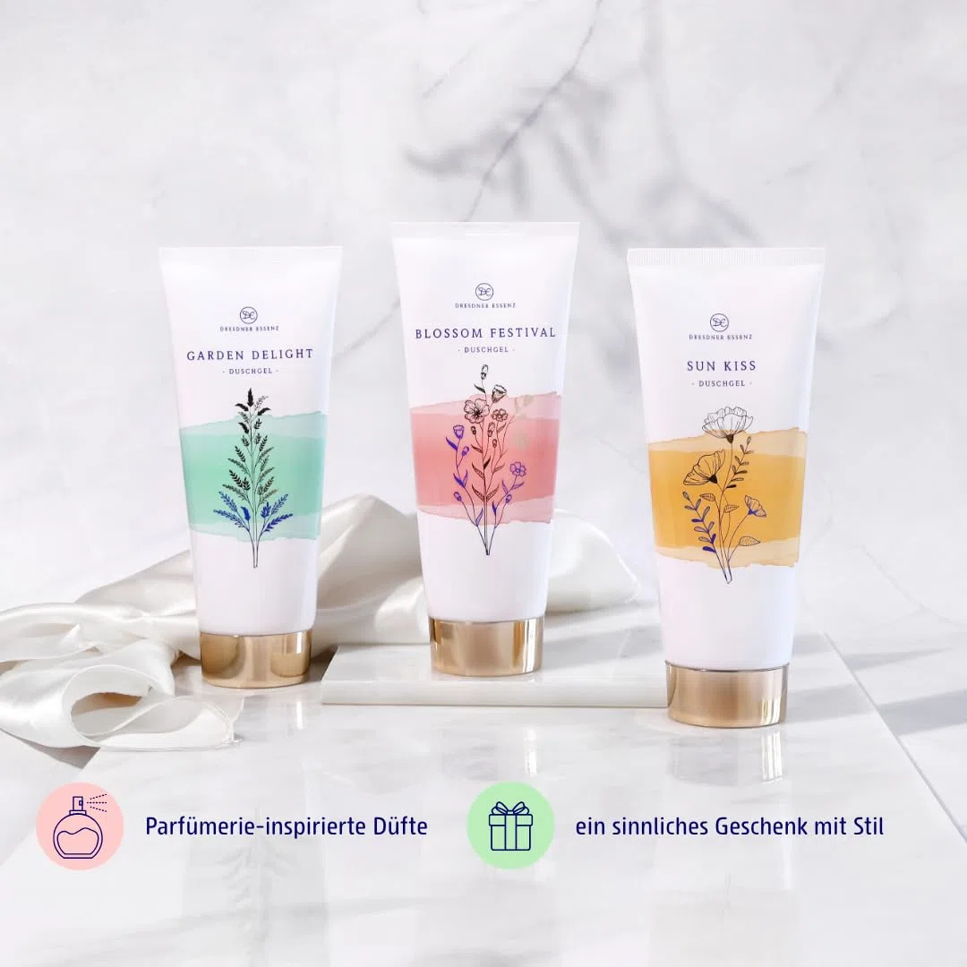 Dresdner Essenz Private Collection Duschgele – Set aus 3 luxuriösen Duft-Duschgelen (3x200ml): Blossom Festival, Garden Delight & Sun Kiss