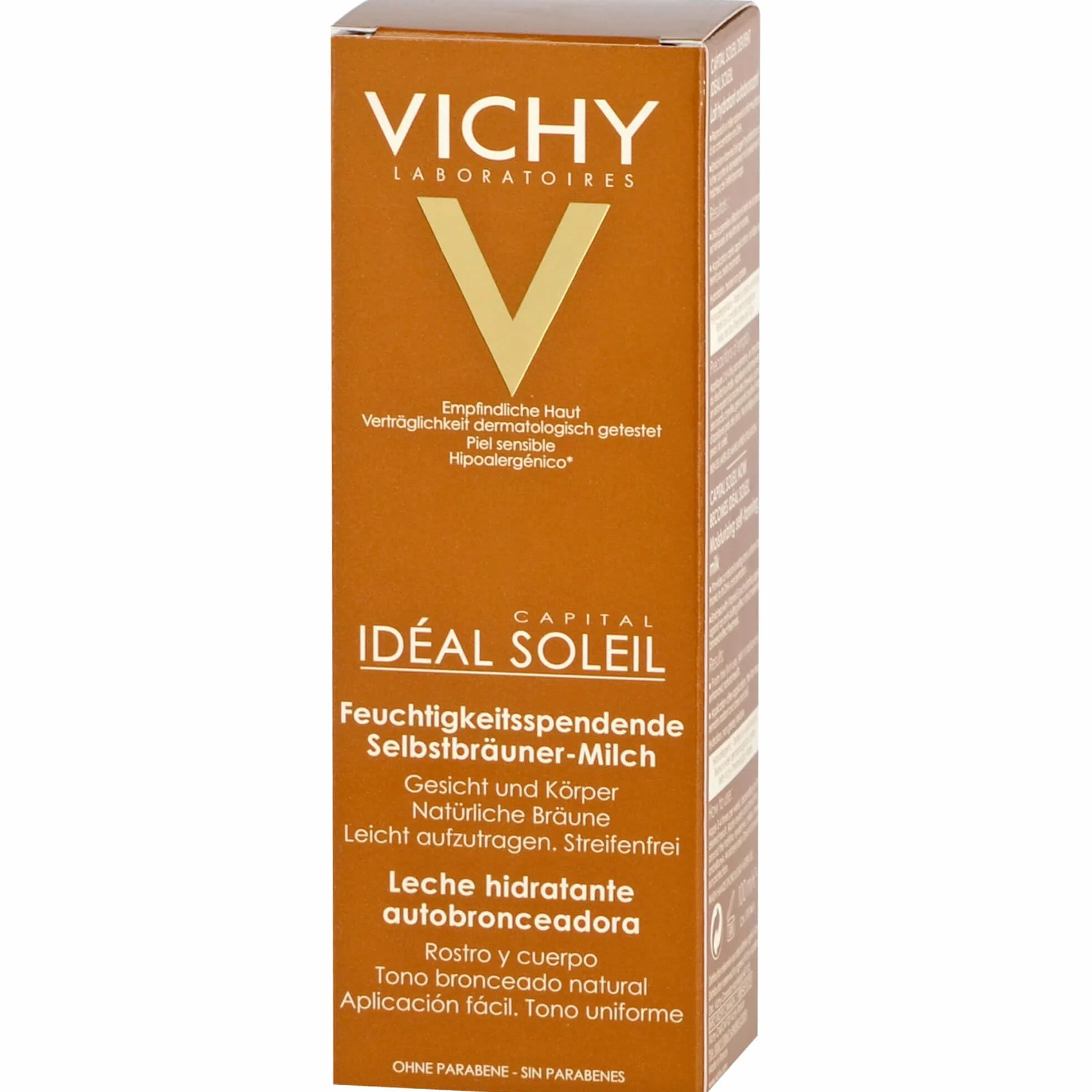 Vichy Ideal Soleil Selbstbräuner-Milch für Gesicht und Körper, Selbstbräuner mit Sheabutter, Für bis zu 8 Stunden Feuchtigkeit und eine einheitliche Bräune, 100 ml