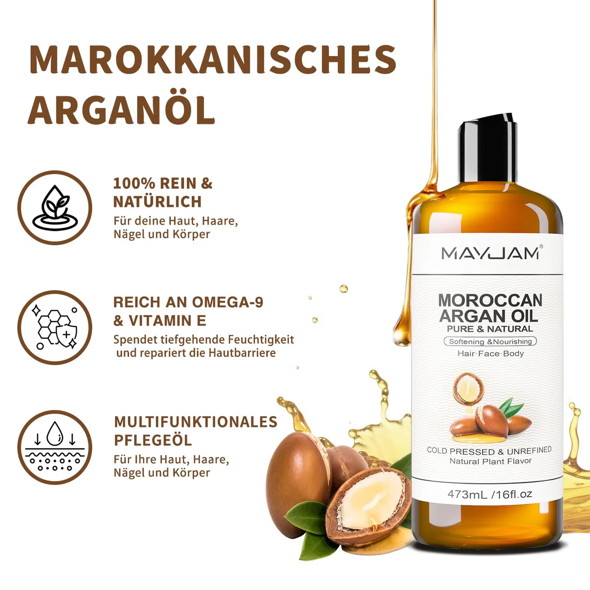 MAYJAM Arganöl 473ML, Körperöl für Gesicht, Haut, Haare, Haaröl Arganöl Kaltgepresst Reines Natürliches, Pflegeöl Befeuchtend & Anti-Aging, Moroccan Argan Oil