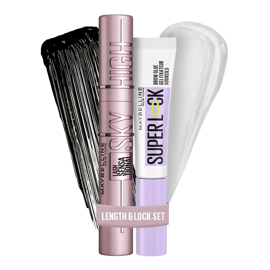 Maybelline New York Augen-Make-up Set, Sky High Mascara für extreme Länge und Volumen & Super Lock Brow Glue Augenbrauengel für 24H starken Halt, mit Bambusextrakt, Transparent & Schwarz, 2-teilig