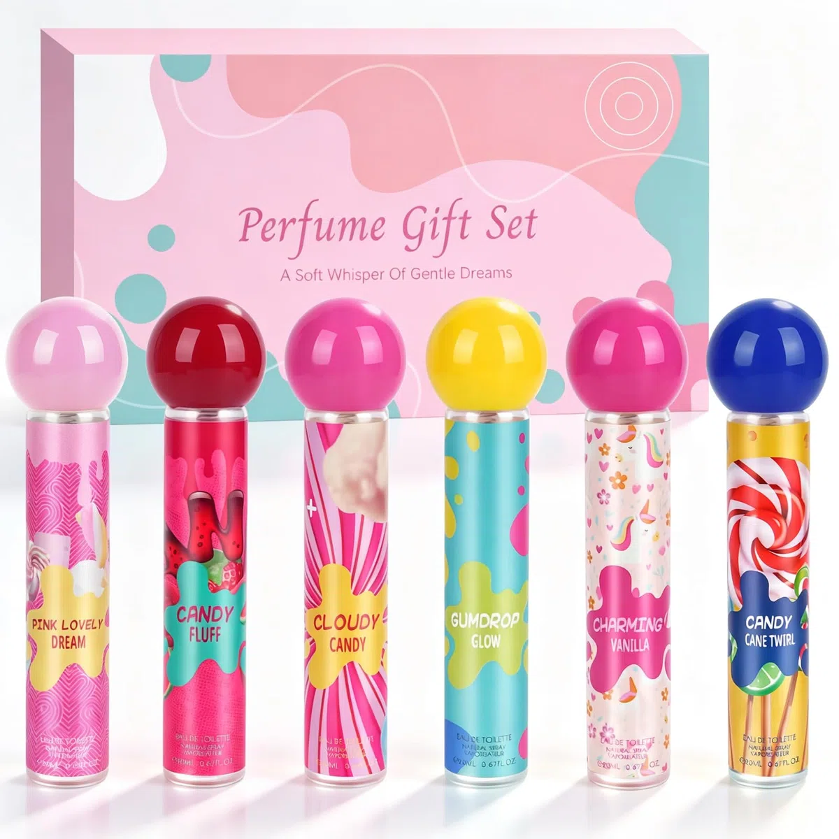 Bodyspray Set für Mädchen, 6x20ml Tragbarer Duftspray für Damen, Mini Reise Parfüm Set im süßen Cartoon-Design, für Haut und Haar , Geschenk Set für Teenager Mädchen und junge Frauen