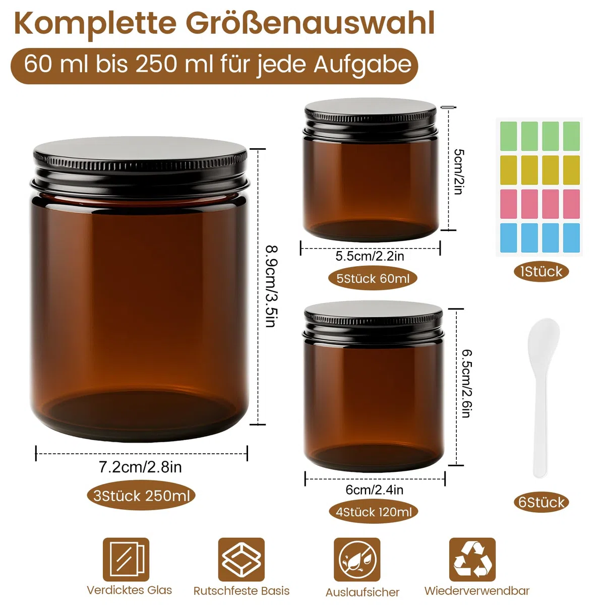 Cremedosen zum Befüllen 250ml/120ml/60ml, 12 Stück Braunglas Salbentiegel mit Deckel, Creme Spatel, Aufkleber, Glastiegel für Creme, Kosmetik, Lotion, Ätherische Öle