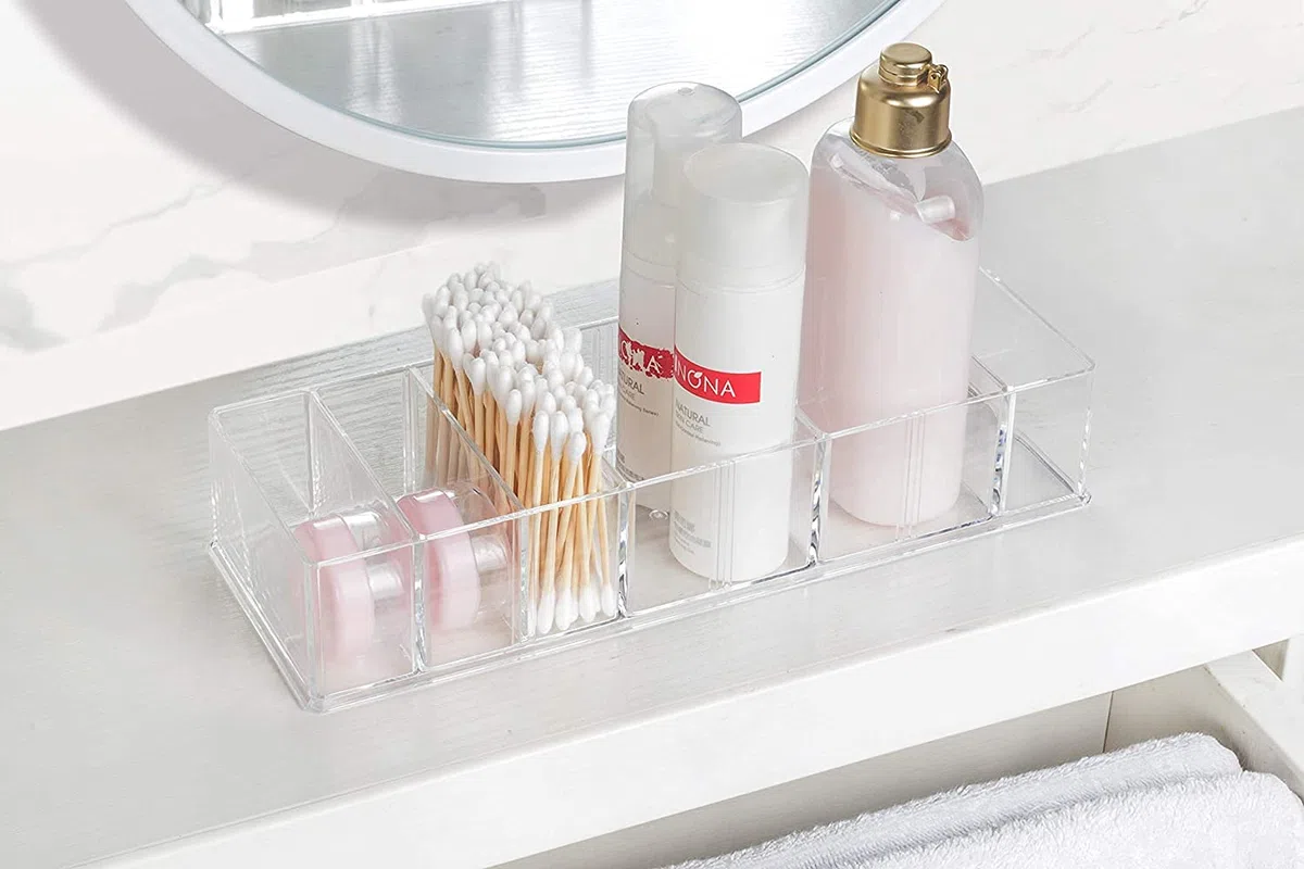 2 Stücke Abnehmbarer Kosmetik Organizer 8 Fächern Make-up-Organizer Acryl Aufbewahrungsboxen, Schmuck Ausstellungsboxen transparente Schubladen für Kommode Waschtisch Badezimmer Küche