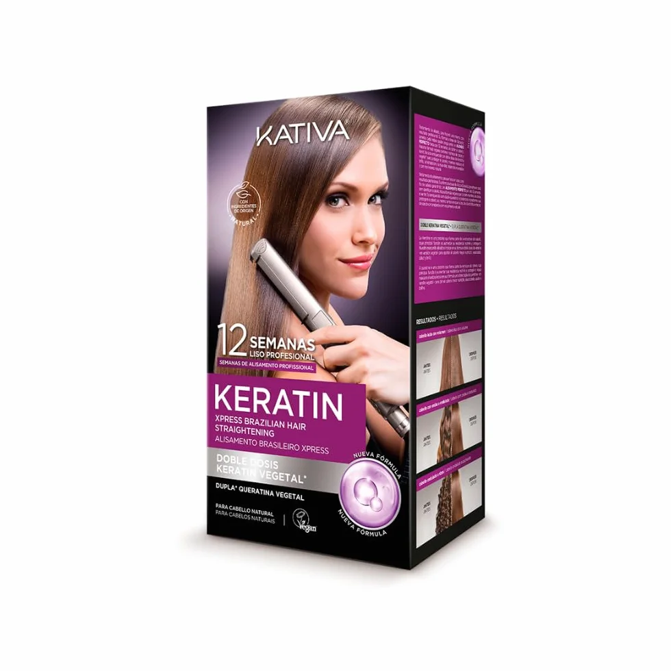 Kativa Keratin Brasilianische Haarglättung Set, Anti-Frizz Keratin Behandlung ohne Formaldehyd und Sulfate, glattes Haar bis zu 12 Wochen, mit Shampoo, Maske und Conditioner