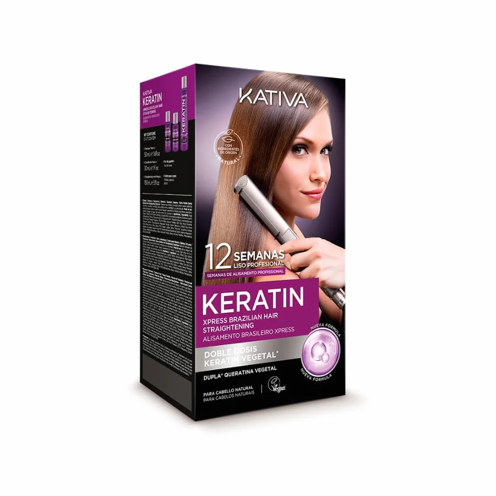 Kativa Keratin Brasilianische Haarglättung Set, Anti-Frizz Keratin Behandlung ohne Formaldehyd und Sulfate, glattes Haar bis zu 12 Wochen, mit Shampoo, Maske und Conditioner