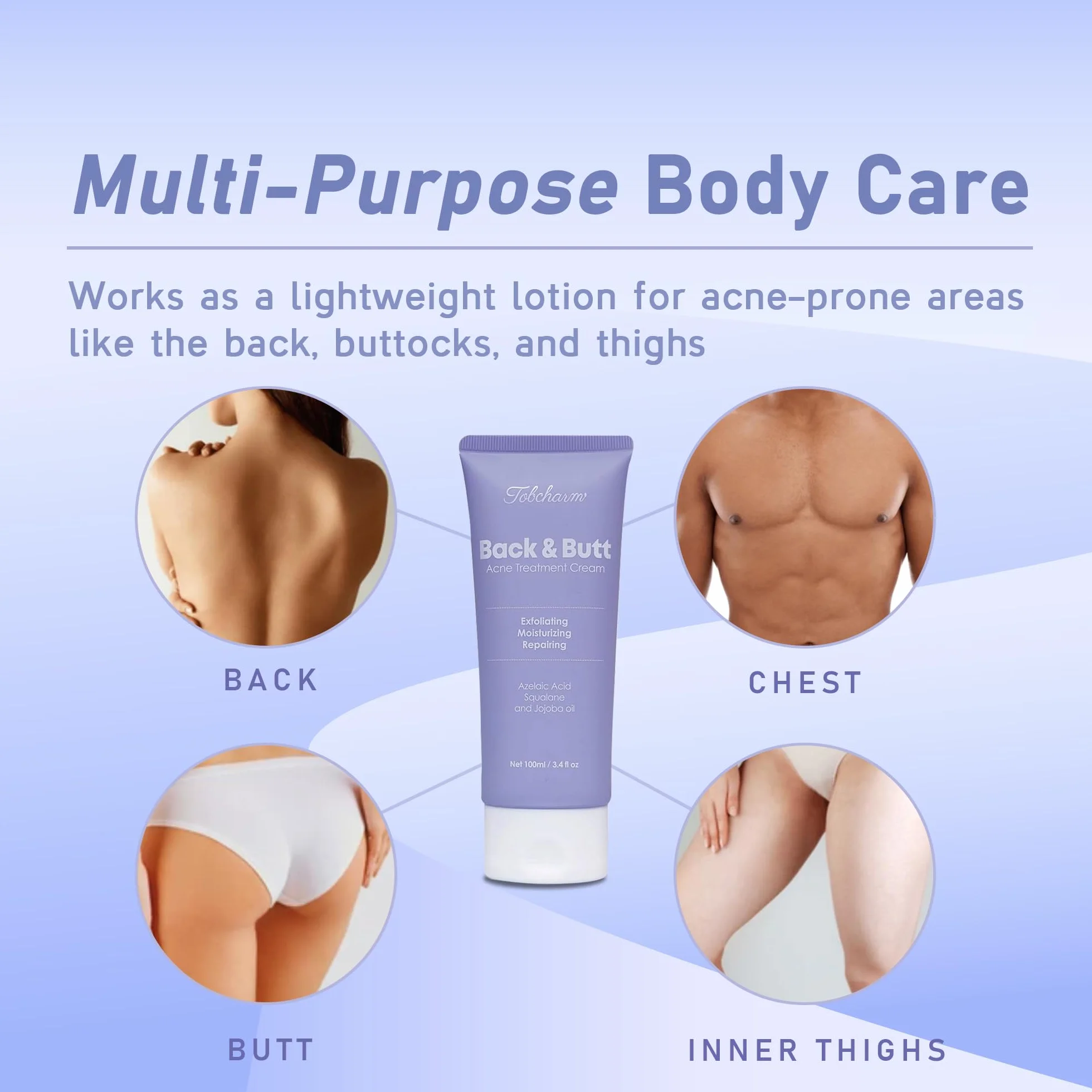 Tobcharm Butt Akne Clearing Behandlung, maximale Stärke Körpercreme für Rücken, Gesäß, Oberschenkel & Brust Akne Entfernung, Hautklärende Lotion für Männer & Frauen, Schaumreiniger für Bacne