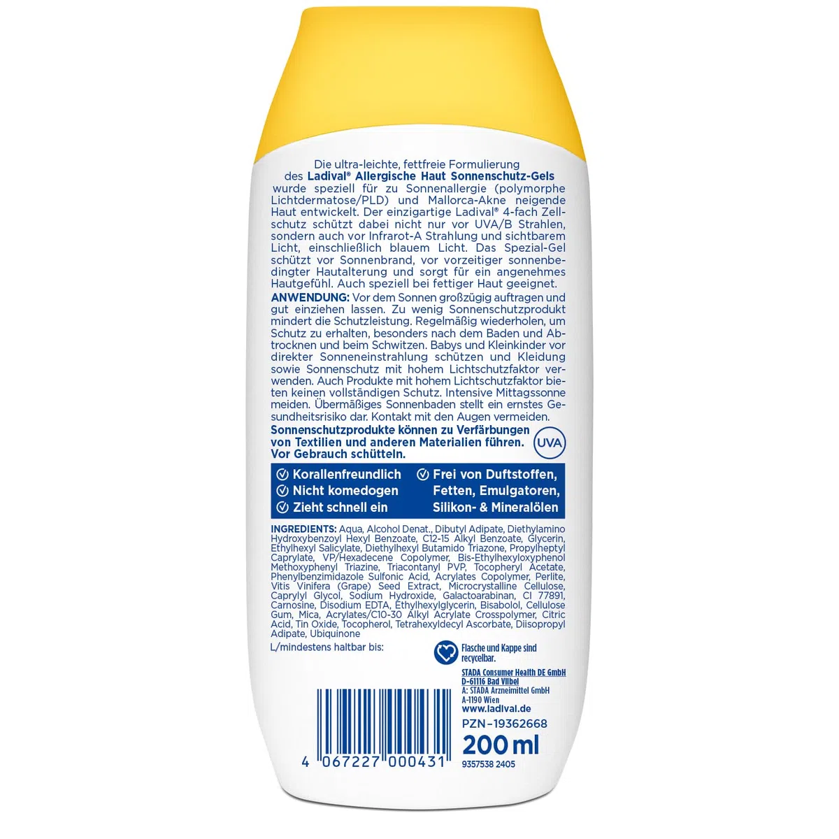 Ladival Allergische Haut Sonnenschutz-Gel LSF 50+: Sonnencreme für den Körper bei Sonnenallergie und Mallorca-Akne, wasserfest, mit 4-fach Zellschutz, 200ml