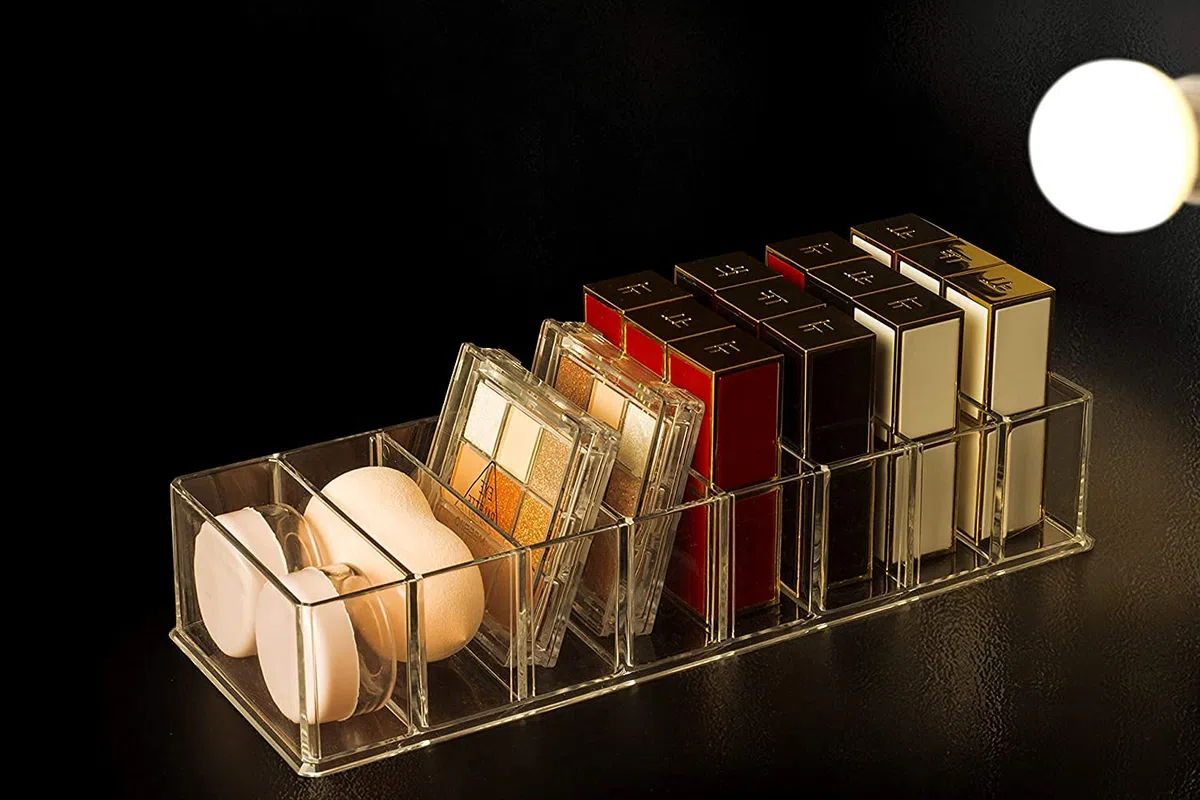 2 Stücke Abnehmbarer Kosmetik Organizer 8 Fächern Make-up-Organizer Acryl Aufbewahrungsboxen, Schmuck Ausstellungsboxen transparente Schubladen für Kommode Waschtisch Badezimmer Küche