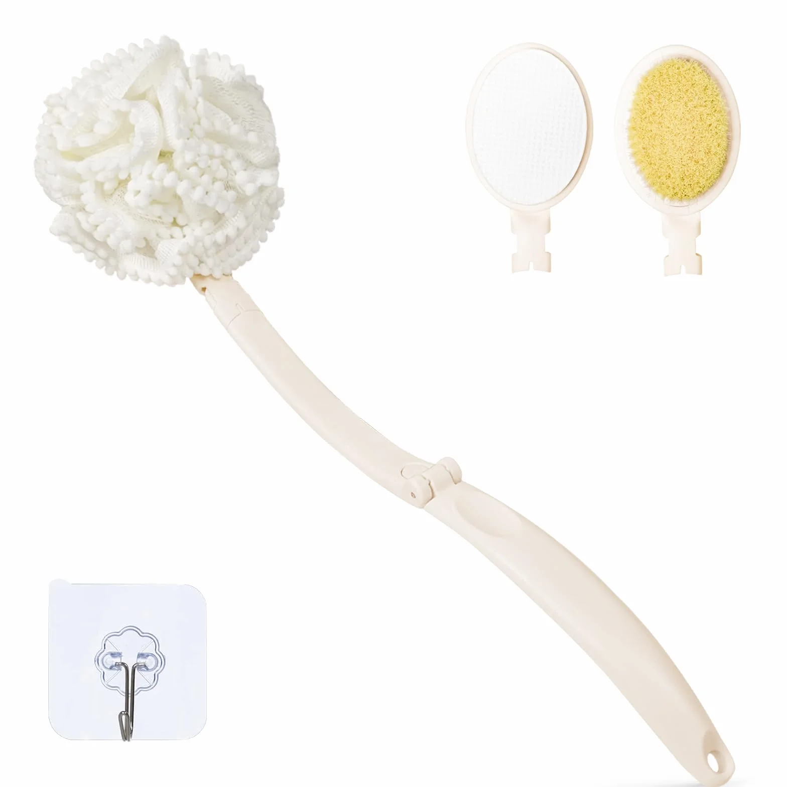 Duschschwamm mit Stiel, Eincremehilfe für Rücken, Badebürste Luffa Schwamm Rückenbürste (Weiß)