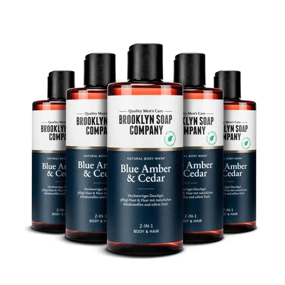 Brooklyn Soap Company Duschgel für Männer 5 x 300 ml - Blue Amber & Cedar Body Wash 5er Pack - 2-in-1 Duschgel für Haut und Haare - Shower Gel Vorteilspack für Herren