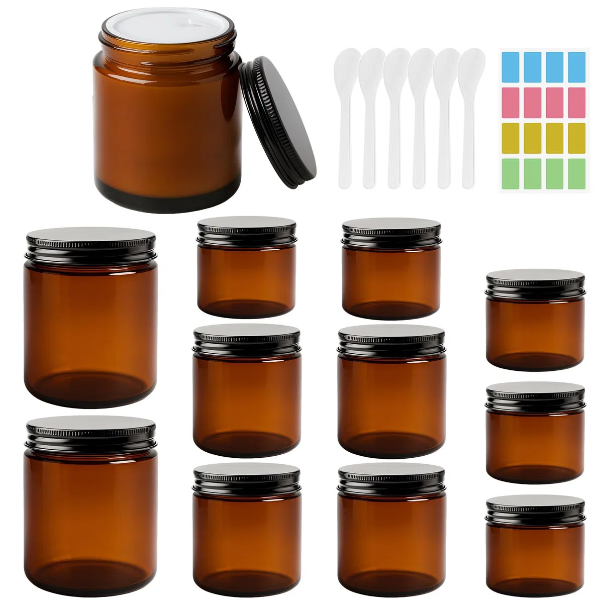 Cremedosen zum Befüllen 250ml/120ml/60ml, 12 Stück Braunglas Salbentiegel mit Deckel, Creme Spatel, Aufkleber, Glastiegel für Creme, Kosmetik, Lotion, Ätherische Öle