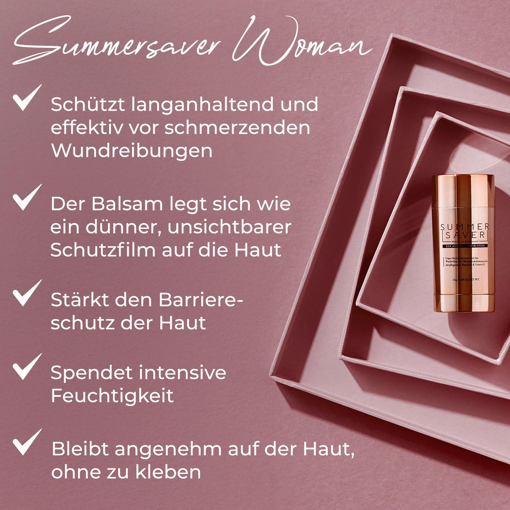 SUMMERSAVER Woman – Anti-Wundreib Stick 25 g – Schutz vor Reibung an Oberschenkeln, Achseln & BH-Kontur – mit Kokosöl, Mandelöl, Vitamin E & Allantoin – vegan & dermatologisch getestet