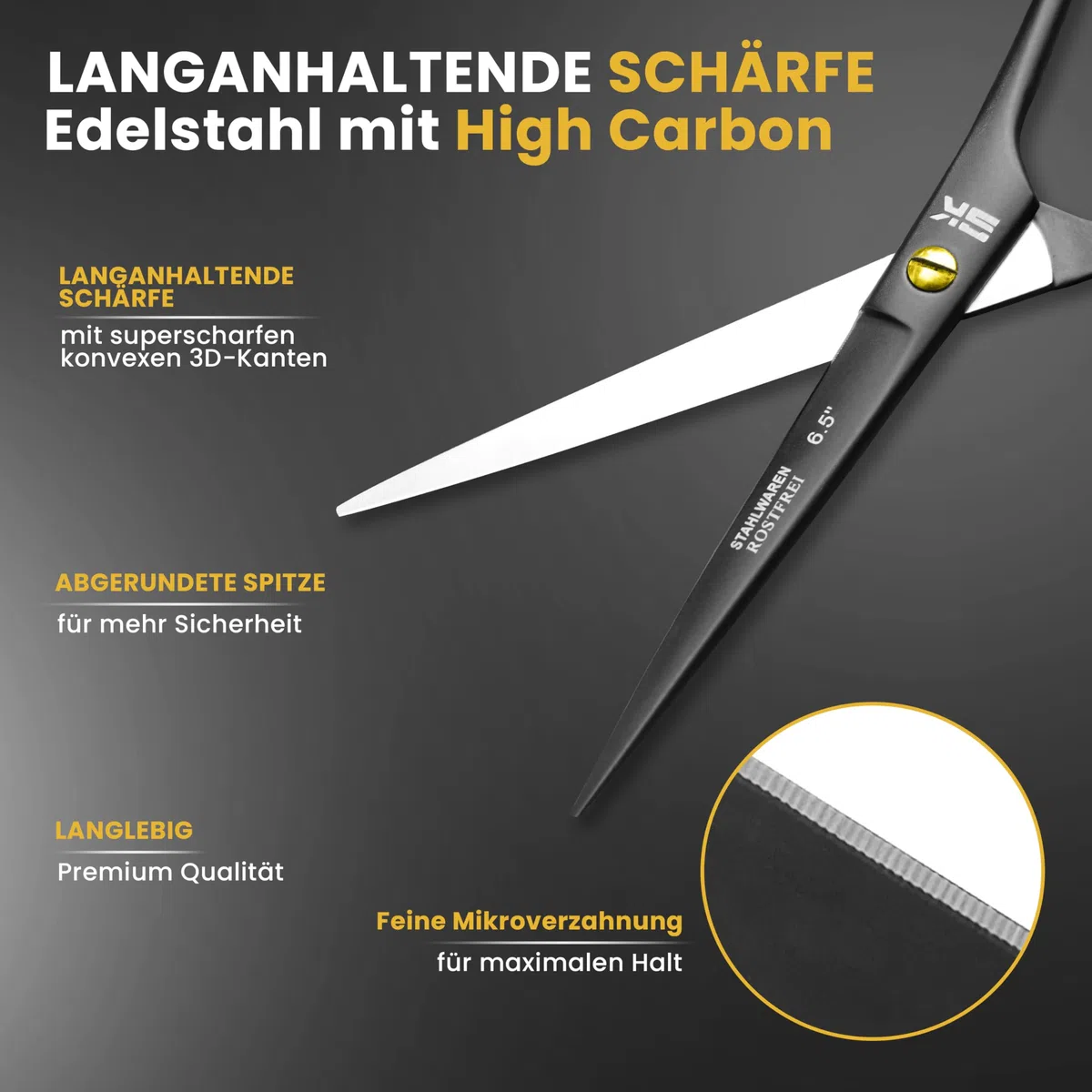 Haarschere 6,5 Zoll Premium Rostfrei Mikroverzahnt Friseurschere Haarschneideschere für Damen, Herren und Kinder für kräftiges und feines Haar