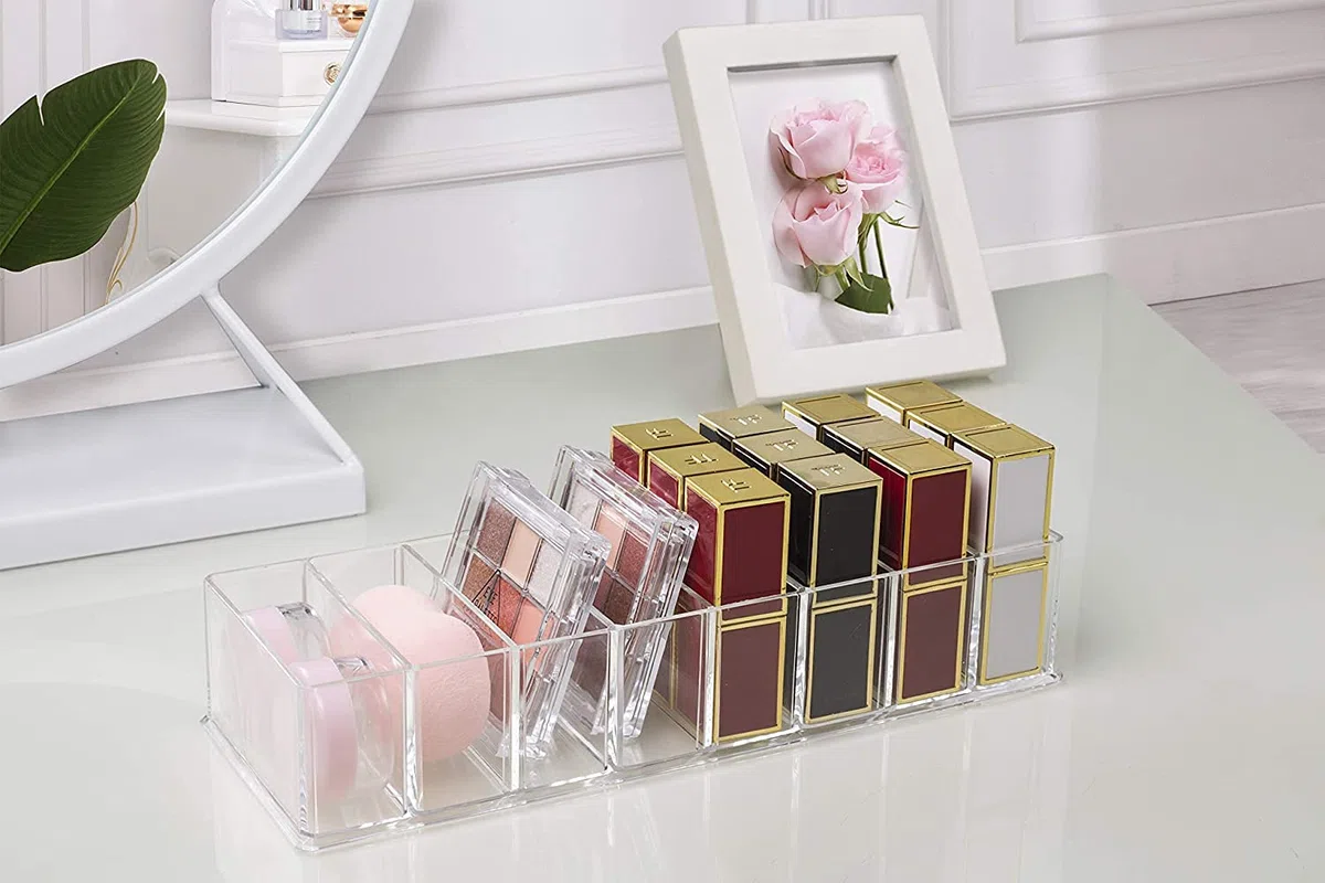 2 Stücke Abnehmbarer Kosmetik Organizer 8 Fächern Make-up-Organizer Acryl Aufbewahrungsboxen, Schmuck Ausstellungsboxen transparente Schubladen für Kommode Waschtisch Badezimmer Küche