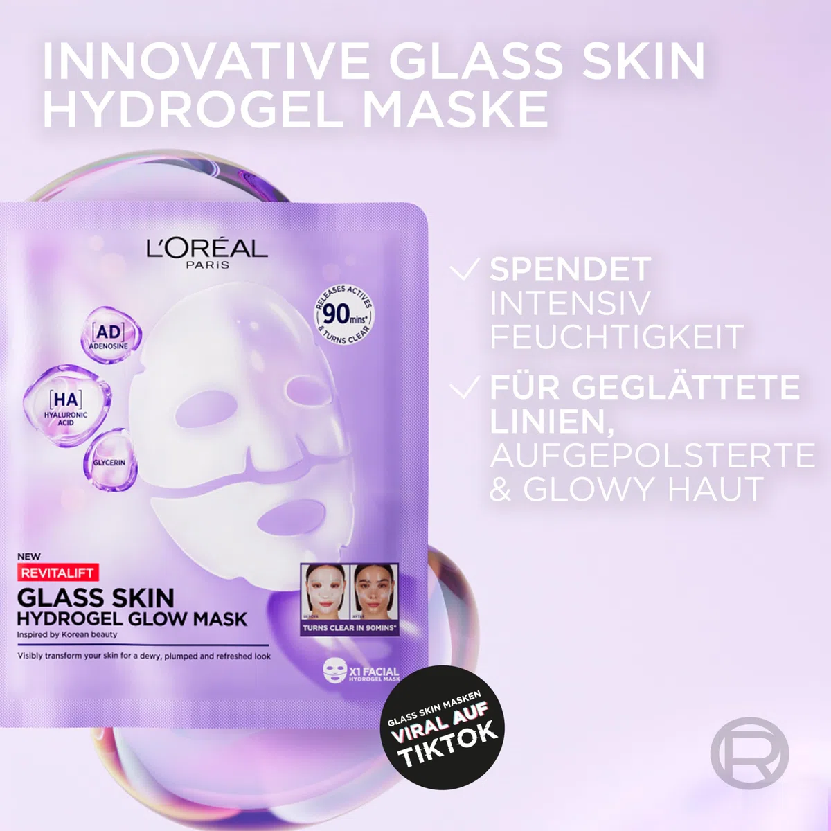 L'Oréal Paris Glass Skin Hydrogel 4er Maskenbox, für aufgepolsterte & glowy Haut, feuchtigkeitsspendend & glättend, [mit Hyaluronsäure], Revitalift Filler, Vorteilsset, 100g