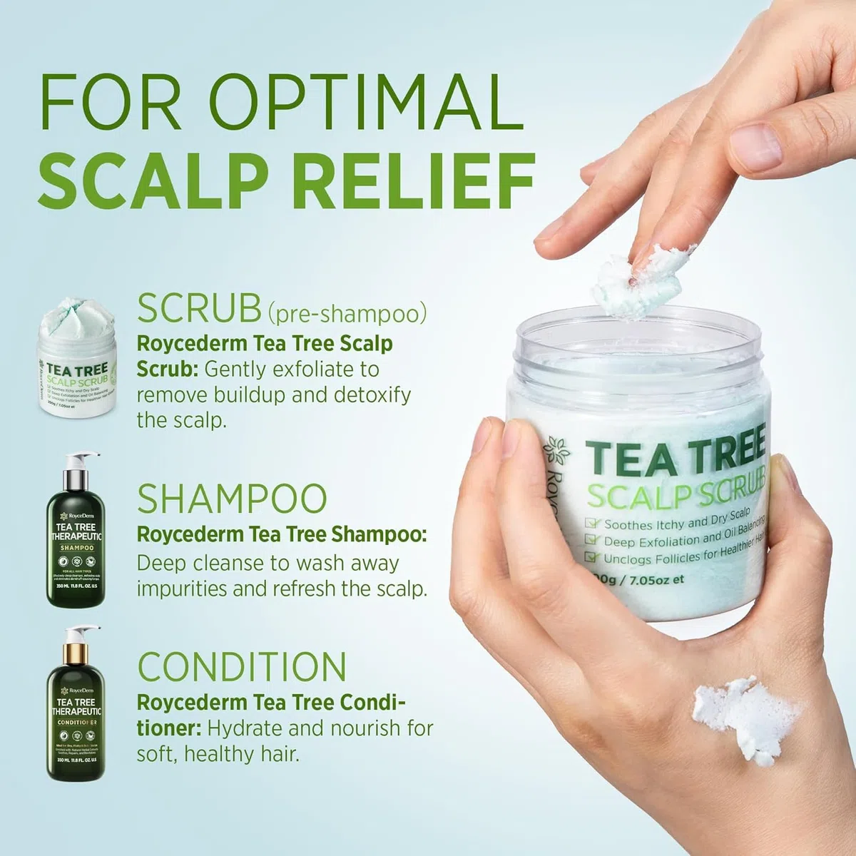 Roycederm Tea Tree Scalp Scrub: Pre Shampoo for Dandruff, Psoriasis & seborrhoische Dermatitis - Sanftes Peeling, lindert Trockenheit, fördertdas