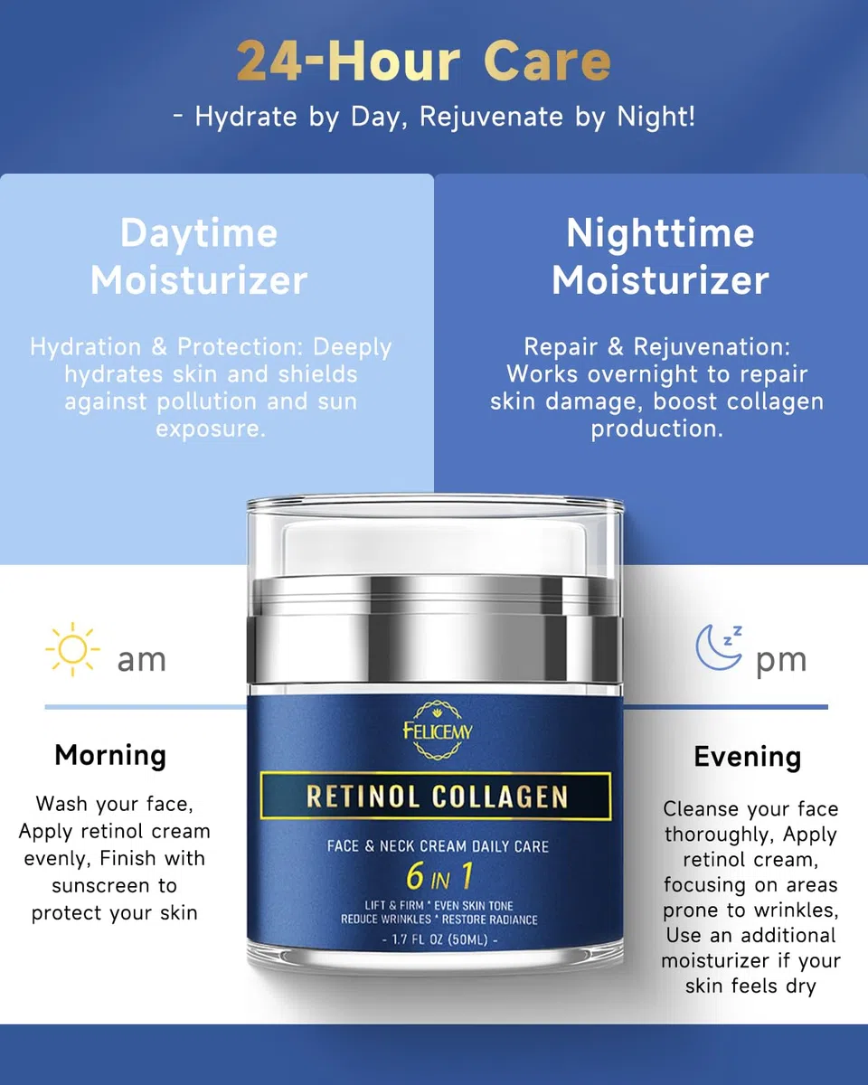 Retinol-Creme für das Gesicht, feuchtigkeitsspendende Gesichtscreme mit Kollagen und Hyaluronsäure, Anti-Aging-Halscreme zur Straffung der Haut, Gesichtspflege für Tag und Nacht, für Frauen und Männer