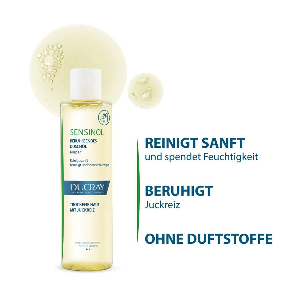 Ducray SENSINOL, Anti-Juckreiz Duschöl für Gesicht und Körper, besonders pflegende Reinigung bei sehr trockener, juckender Haut, klinisch getestet, 200 ml
