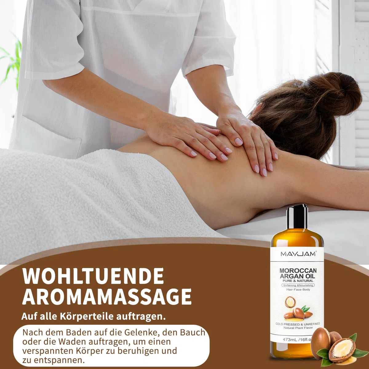 MAYJAM Arganöl 473ML, Körperöl für Gesicht, Haut, Haare, Haaröl Arganöl Kaltgepresst Reines Natürliches, Pflegeöl Befeuchtend & Anti-Aging, Moroccan Argan Oil