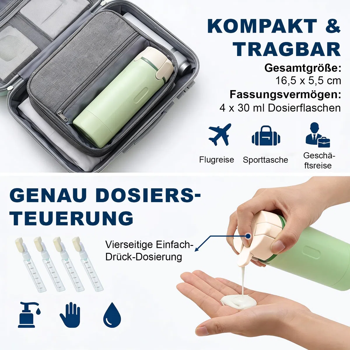 Reisespender Reiseflaschen zum Befüllen 4 in 1 – Reise Gadgets Spenderflaschen mit Druckkopf, Wiederverwendbare Toilettartikel für Reise, Klassifizierungsetiketten für Shampoo, Creme, Lotion