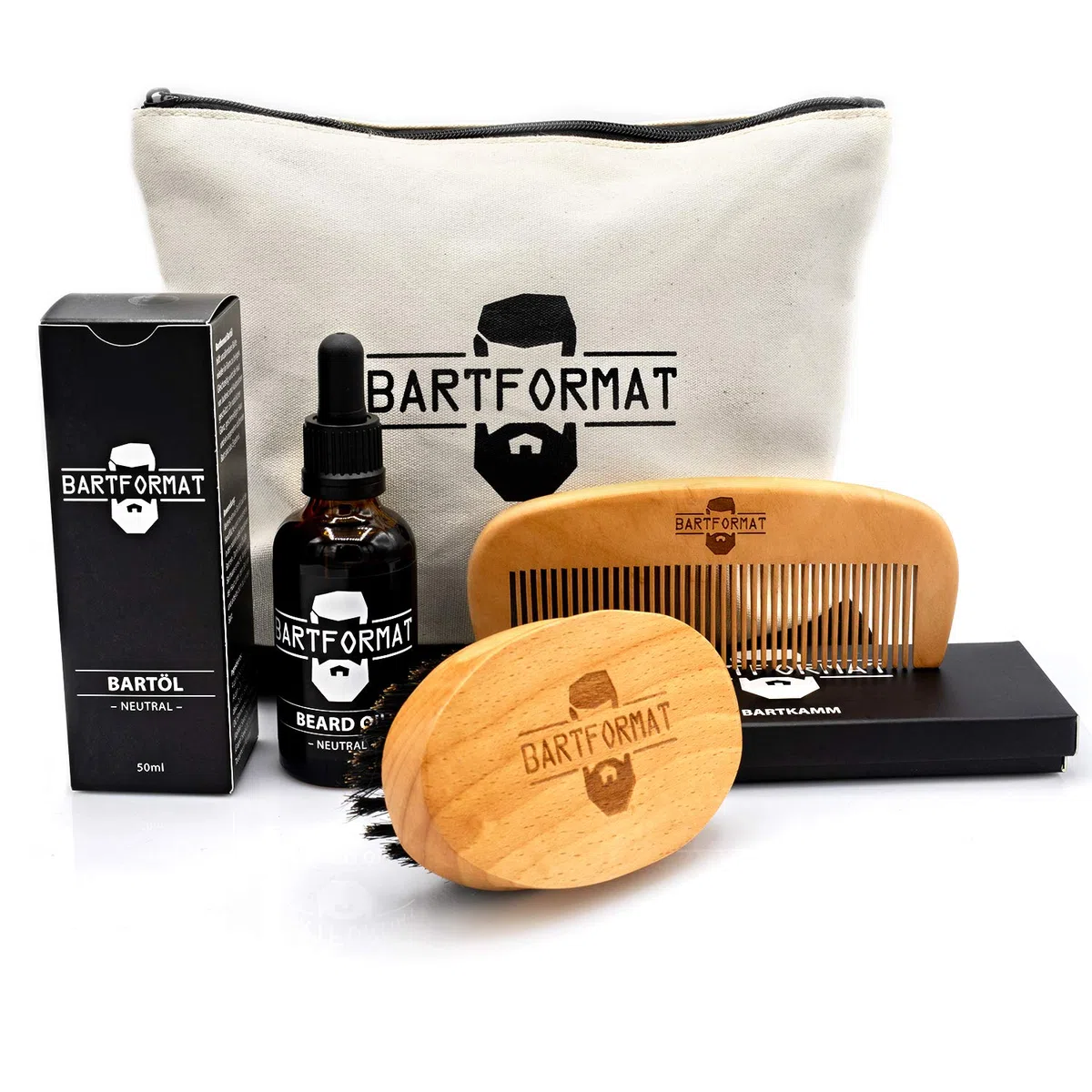 Bartpflege Set "WEICHMACHER" von BARTFORMAT - Bartöl (50 ml) + Bartkamm (Birnbaumholz) + Bartbürste (Wildschweinborsten) inkl. Kulturbeutel - Das Bartpflegeset Männer Geschenk