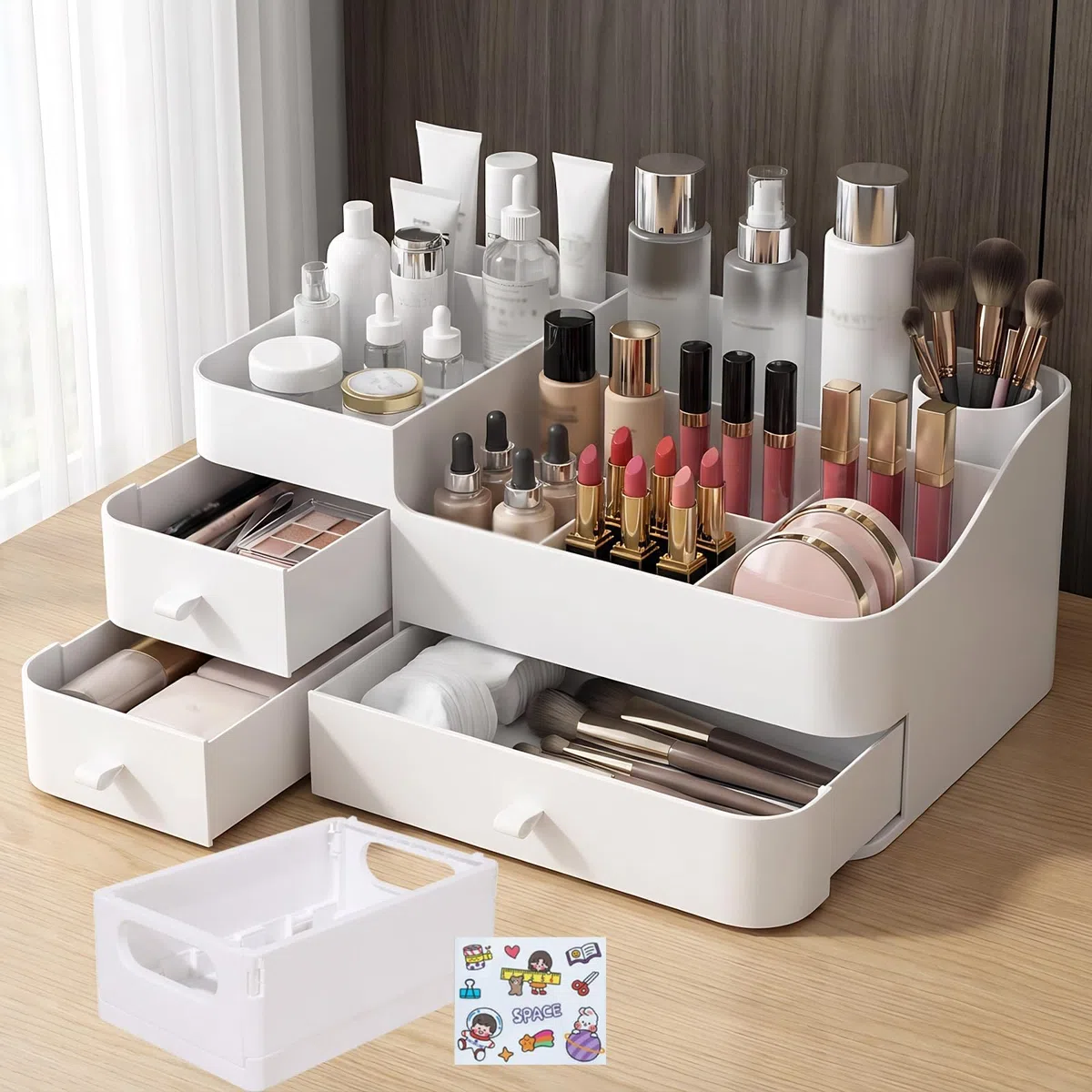 Make up Kosmetik Organizer,Make up Organizer,Multifunktion Schminktisch Organizer,Einfache Aufbewahrung für Pinsel Lippenstift Skincare für Schminktisch,Bad und Schlafzimmer (Weiß)