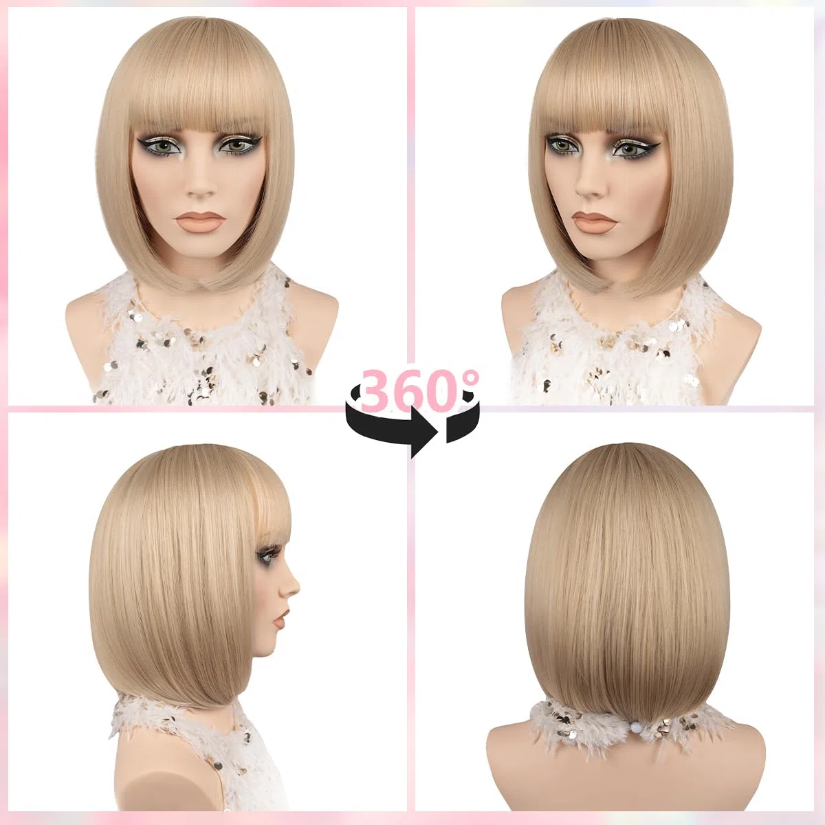 JIAMEISI Blonde Kurze Bob Perücke mit Pony 30cm Synthetische Faser Glattes Blonde Perücke für Damen Natürlich Aussehend Cosplay-Partys Weihnachten Halloween tägliche Nutzung (#24/60)