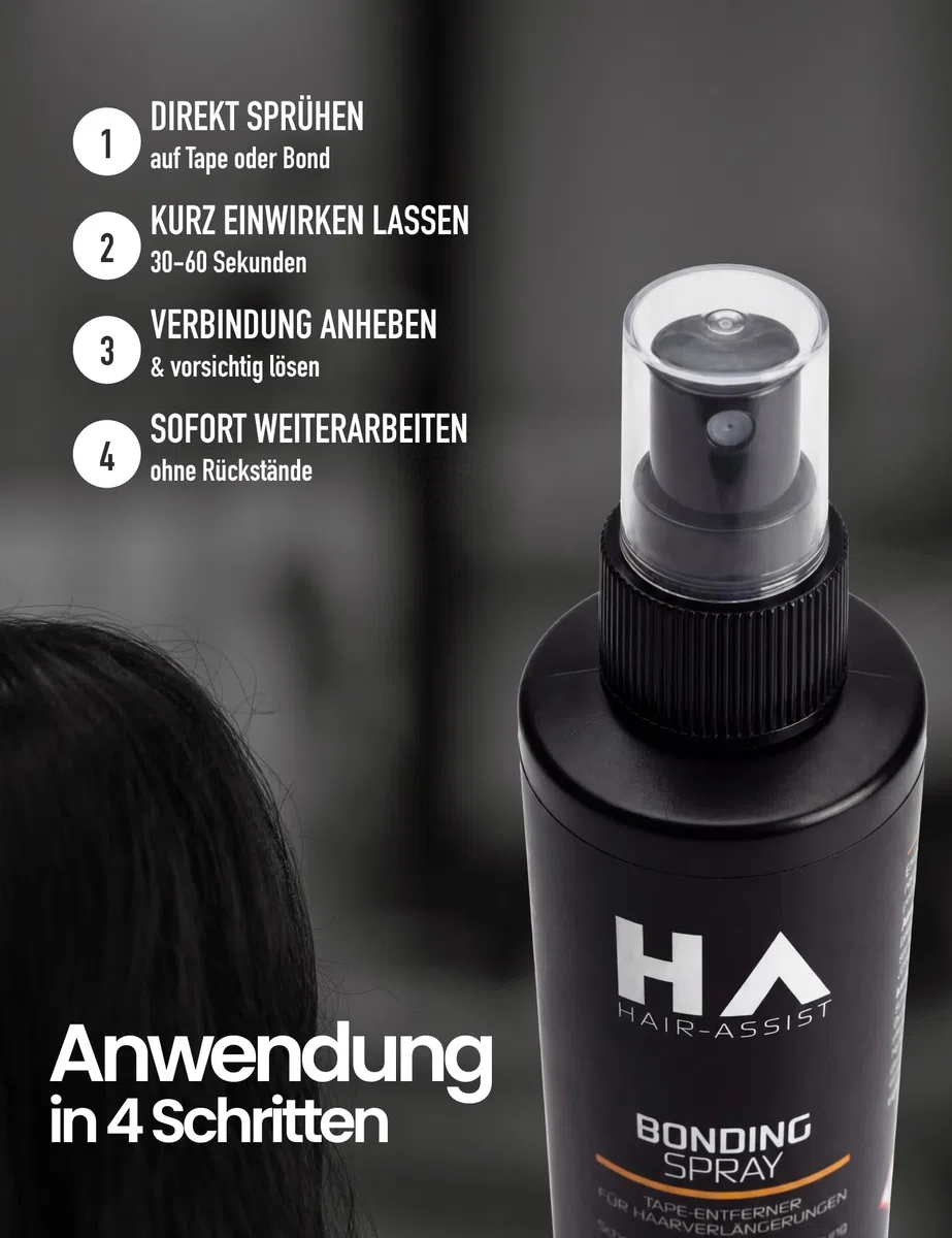 Hair-Assist Bonding Spray – Made in Germany – Tape Extensions Löser & Bondinglöser für Hair Extensions, Lace, Toupet & Perücke | Rückstandslos, schnell wirkend