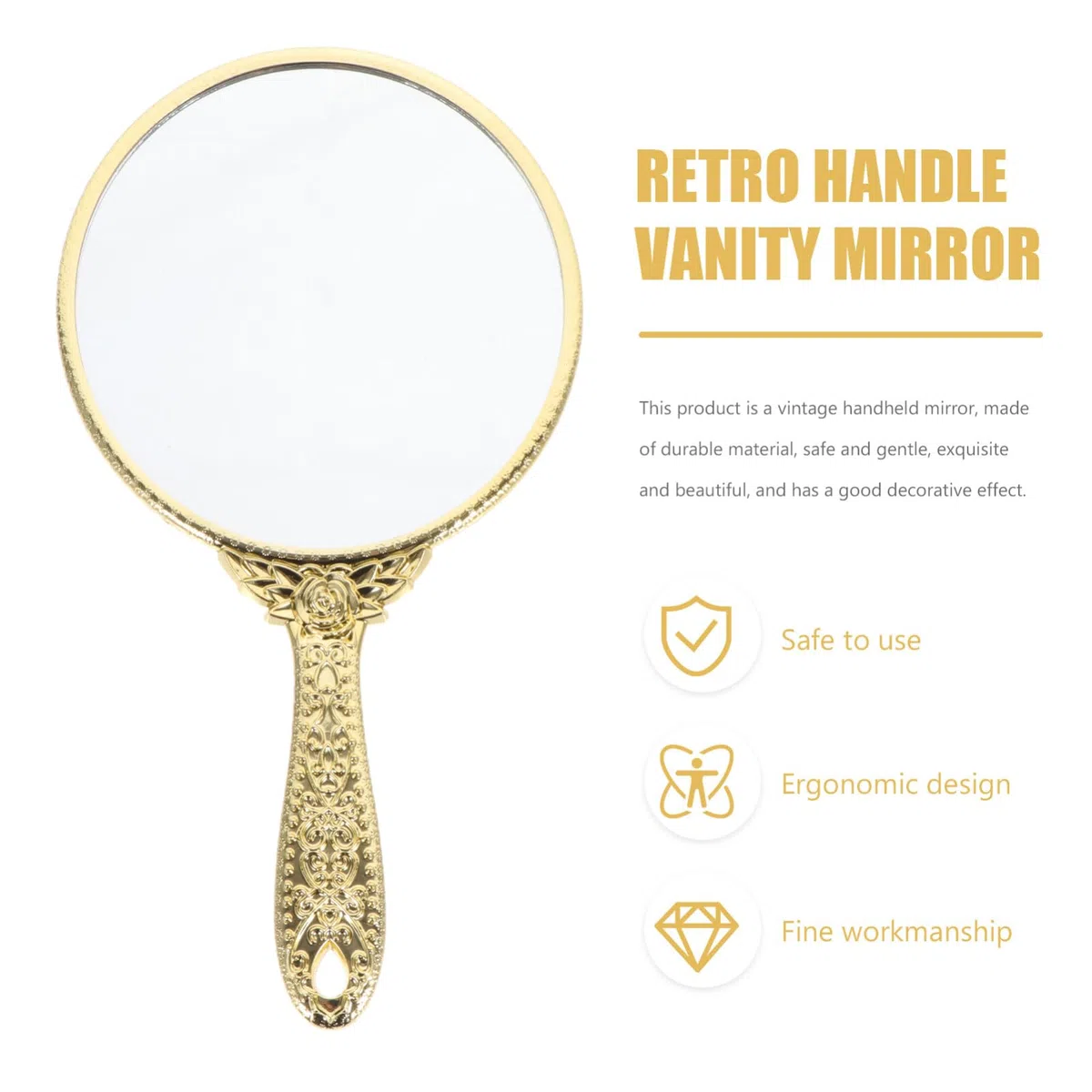 minkissy Handspiegel Retro- Griff Vintage Handheld- Spiegel Geprägte Blumen Oval Tragbarer Make- Up- für Frauen Mädchen Golden