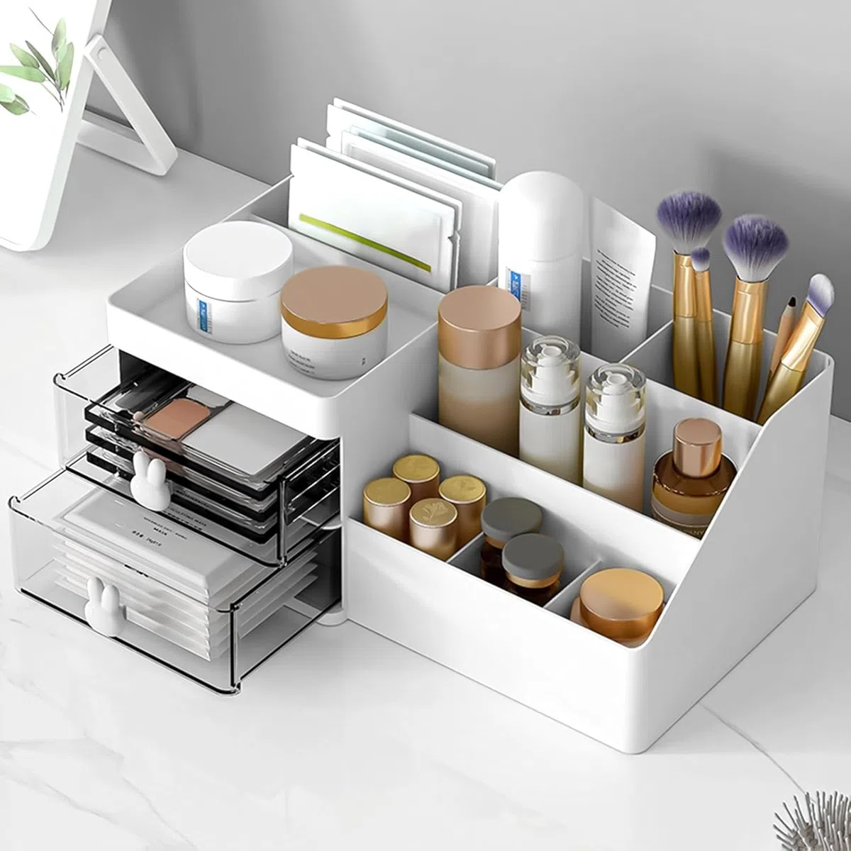 Make Up Organizer Kosmetik Aufbewahrungsbox Schminktisch Kosmetik Organizer mit Schublade, Make-up Schminkbox mit Schubladen für Dresser, Schlafzimmer, Badezimmer (weiß)