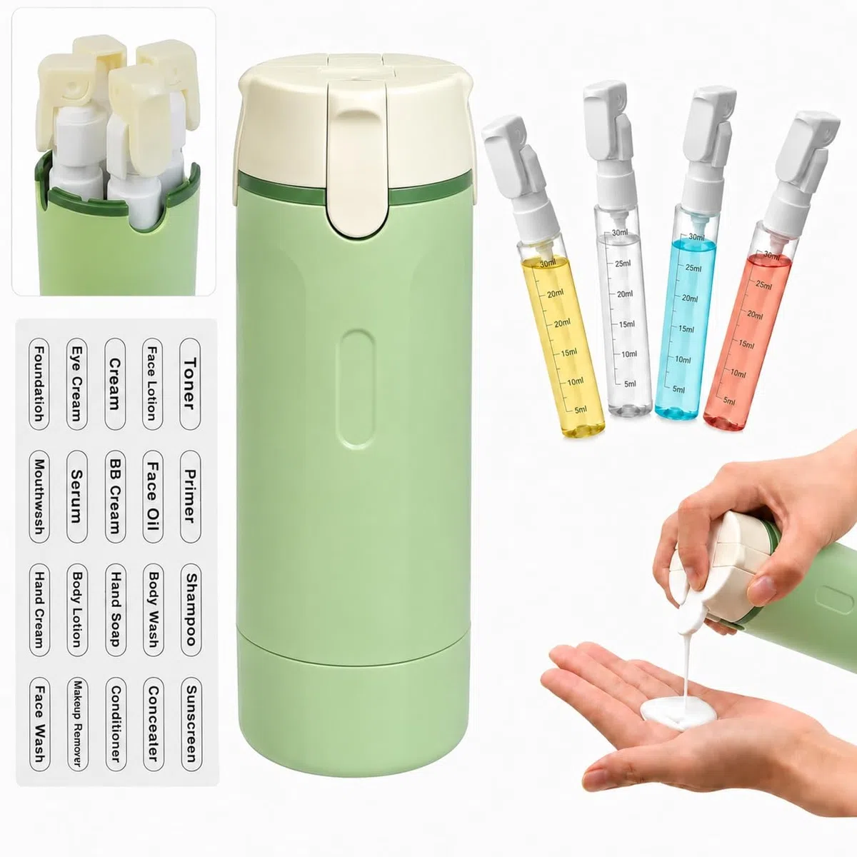 Reisespender Reiseflaschen zum Befüllen 4 in 1 – Reise Gadgets Spenderflaschen mit Druckkopf, Wiederverwendbare Toilettartikel für Reise, Klassifizierungsetiketten für Shampoo, Creme, Lotion