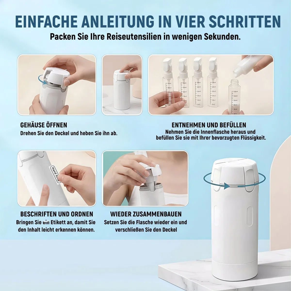 Ruichi 4-in-1-Reisespender, Refillable Travel Dispenser Bottles, Nachfüllbare Reiseflaschen für Toilettenartikel, Reise Gadgets Reiseflaschen, Reiseset Flüssigkeiten Set für Shampoo, Lotion und Crem