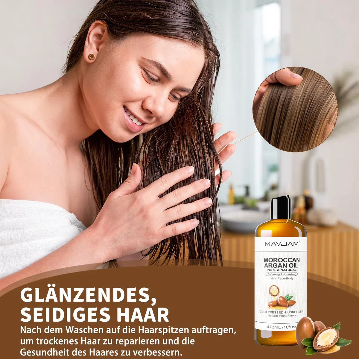MAYJAM Arganöl 473ML, Körperöl für Gesicht, Haut, Haare, Haaröl Arganöl Kaltgepresst Reines Natürliches, Pflegeöl Befeuchtend & Anti-Aging, Moroccan Argan Oil