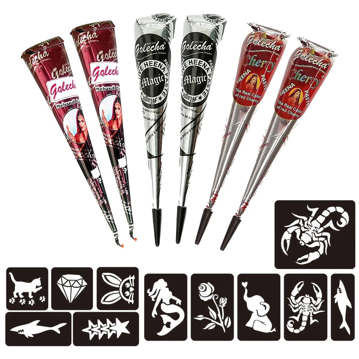 Naturic 6x Henna Tattoo, Temporäre Tattoo 11x Henna Tattoo Schablone, Temporäre Mehndi Tattoos, Natürliche Kegel, Tattoo sticker, Temporäre Tätowierung Rotbraun, Cherry Rot, Schwarz
